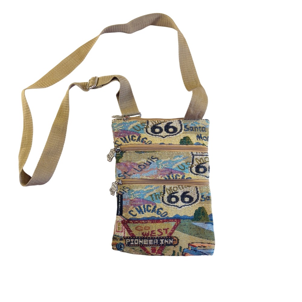 Karrage-Mate Route 66 Tapestry Crossbody Bag Triple Zip USA Travel‎ Purse